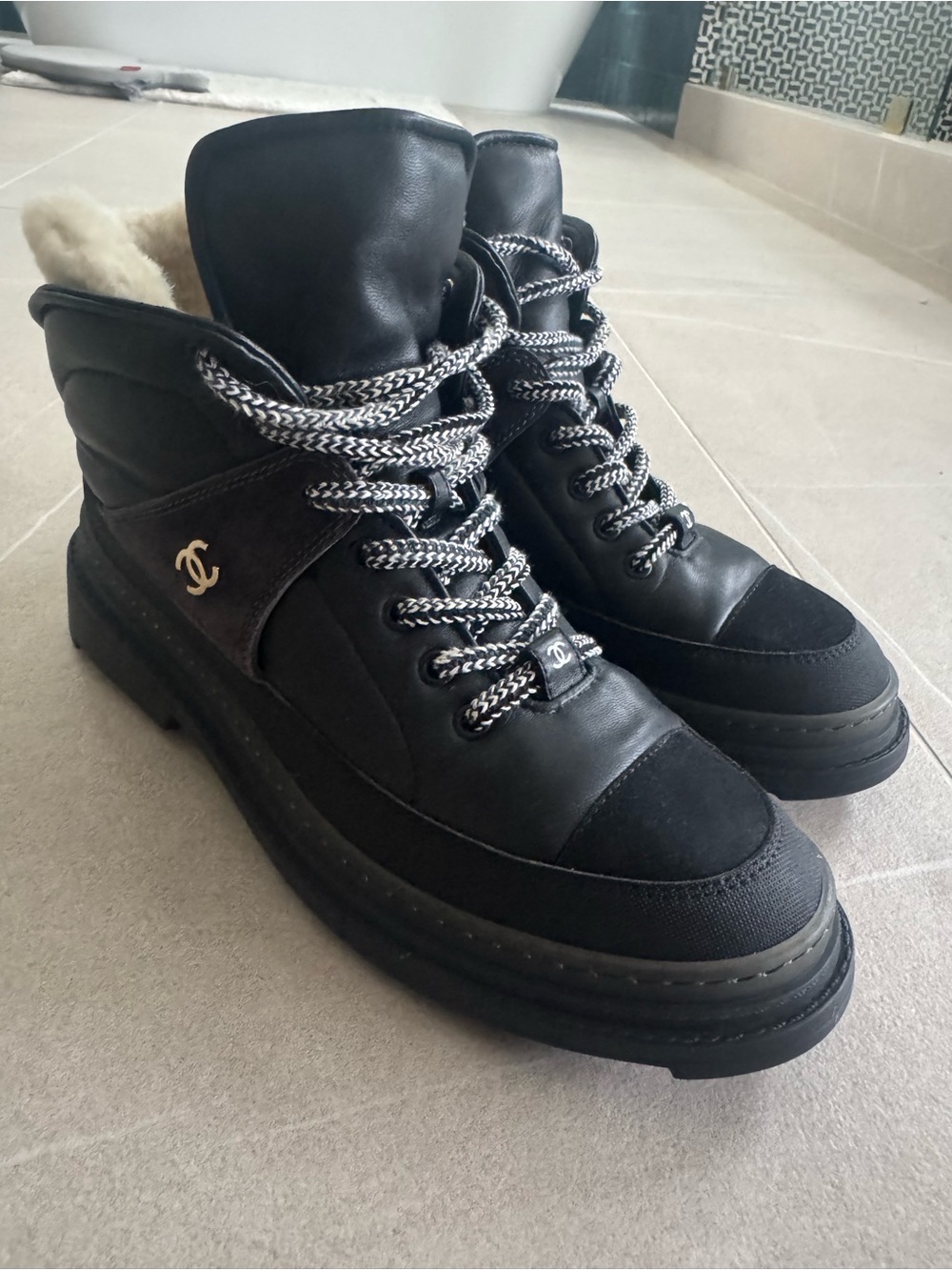 CHANEL Black Leather Lace-Up Shearling-Lined Boots